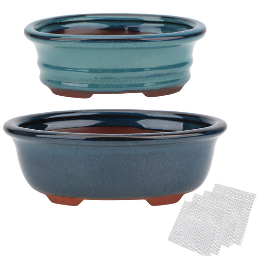 Bonsai Planter Succulent 5.7" 7" Glazed Pots, Value Set of 2 + 4 Soft Mesh Drainage Screens