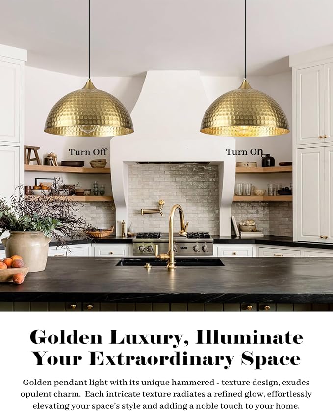 HLOHATAL Hammered Dome Pendant Light 1 Pack, Gold Dome Pendant Light, 12 Inch Metal Industrial Pendant Lights, Kitchen Island Pendant Lights for Kitchen, Dining Room, Bar