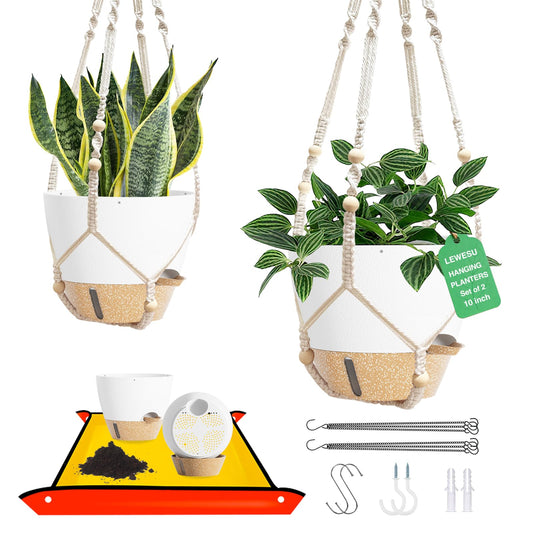 LEWESU Set of 2 Hanging Planters for Indoor Plants with Self Watering Includes Hanging Pots and 2 Types Plant Hangers, Outdoor Hanging Baskets Holder for Home Garden, 10 Inch Oyster White