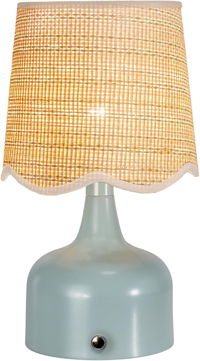 Cordless Boho Table Lamp Blue, Scalloped Wicker Shade, 5200-mAh Rechargeable Battery, 3-Way Dimmable, Build-in Integrated LED 320 Lumen Max, for Bedside Living Room