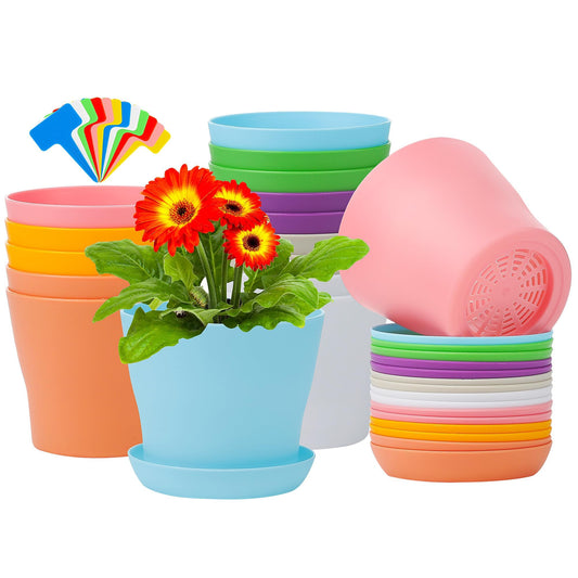 Aodaer 16 Pack 4 Inch Plastic Planters with Multiple Drainage Holes and Tray Indoor Outdoor Flower Plant Nursery Pots with Labels Flower Seedling Pots for Herb Garden Home Succulents, Assorted Colors