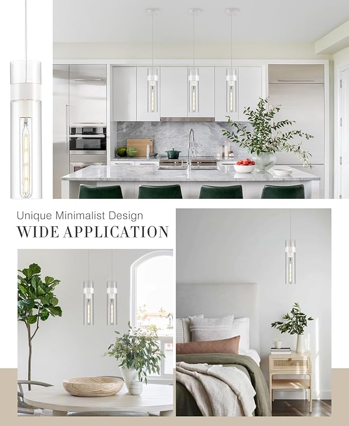 Pendant Lights Kitchen Island (Bulb Included), White Adjustable Modern Glass Pendant Light Over Island, Industrial Pendant Light Fixtures for Dining Room Hallway Bedroom Living Room