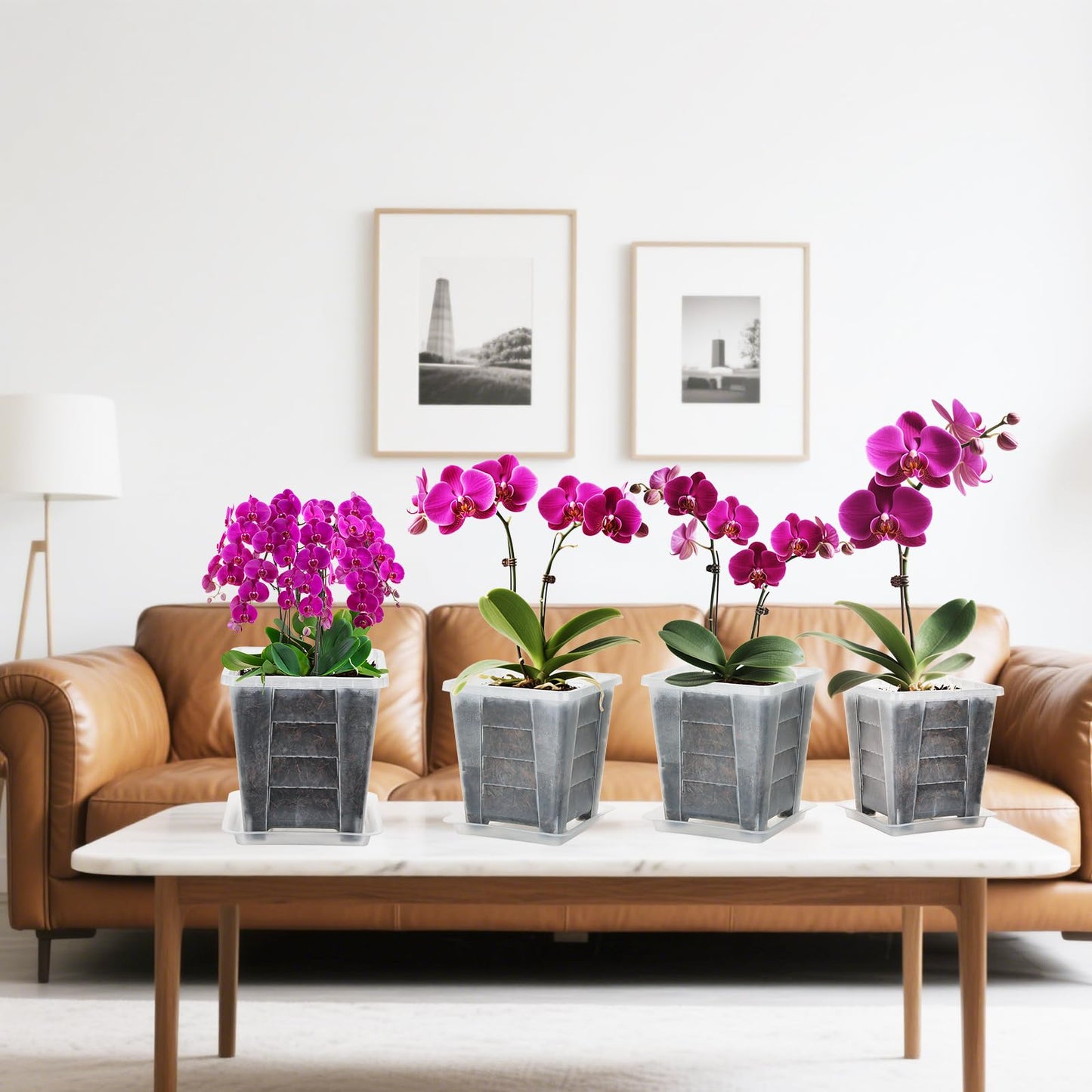 KIMERSE Square Orchid Pot, Clear Flower Pot 6 Pack 6 Inch, Root Control Planting Pots with Tray, Plastic Plant Pot for Home Balcony Orchids, Water Moss, Spider Plants