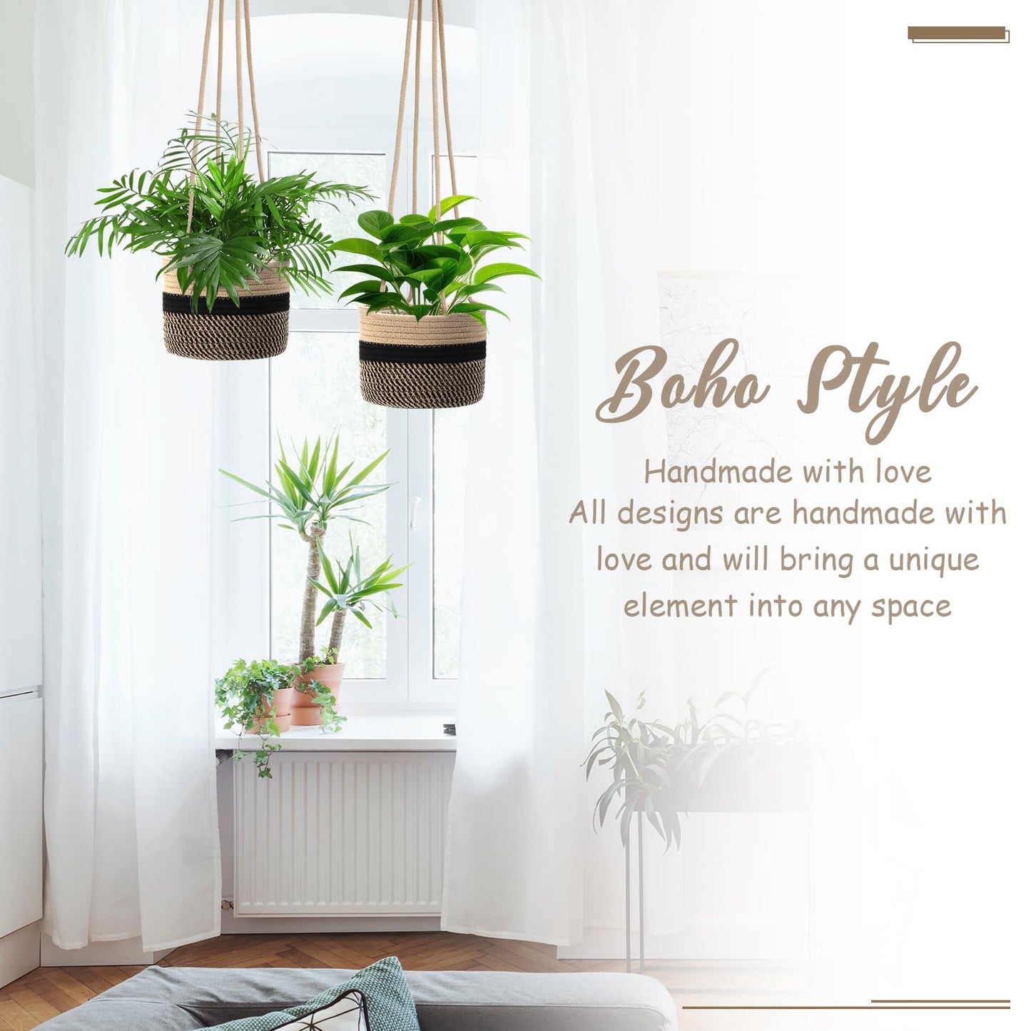 Sunnychicc 2 Packs Hanging Planter Basket 7.8" Cotton Rope Woven Plant Hangers Indoor Plant Boho Hanger Large Hanging Wall Plants for Outdoor Home Decorations Fence Planters Plant Flower Pots