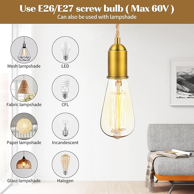 Plug in Pendant Light Kit with Switch - 15 FT Braided Woven Rope Light Bulb Cord, E26 Socket, Vintage DIY Hardwire Swag Lamp Kit for Pendant & Hanging Lights, Hemp Color