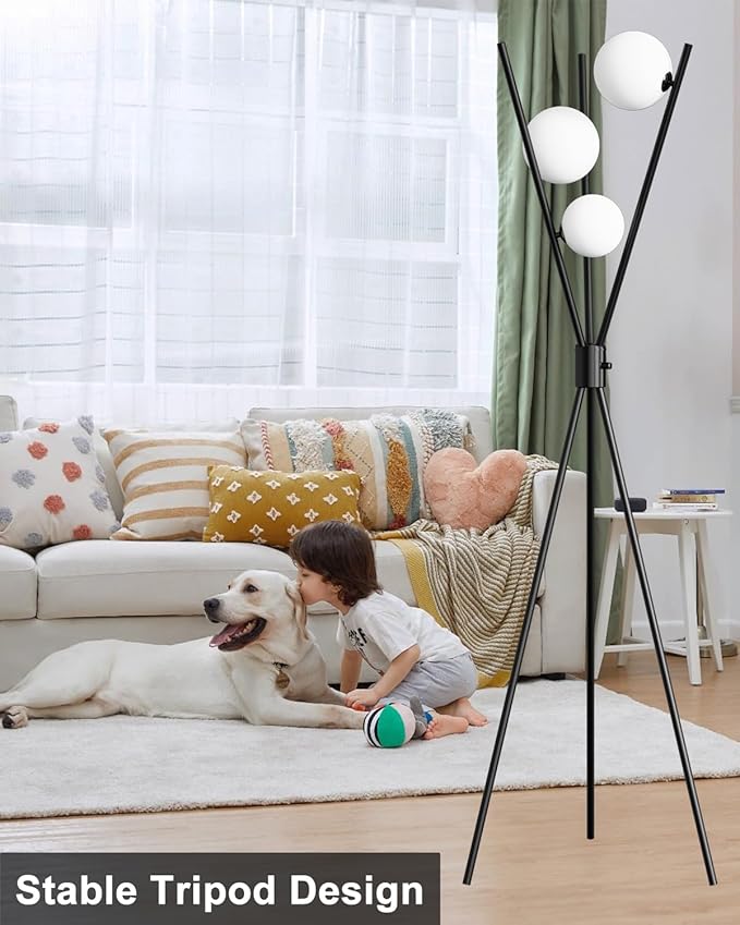 3 Globe Dimmable Tripod Floor Lamp, Mid Century Standing Lamps with 3Pcs 3000K Bulbs Included, Modern Tall Lamp for Living Room Bedroom Office-Black