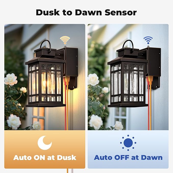 Dusk to Dawn Porch Lights with GFCI Outlet, Outside Lighting Fixtures for House, Oil Rubbed Bronze Exterior Garage Light Fixtures with Gold Trim, Anti-Rust Outdoor Sconce Light for Patio, Coach