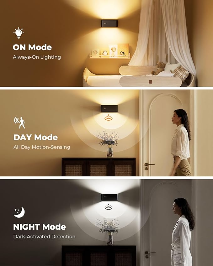 Motion Sensor Wall Sconce Indoor with Remote Control 3 Colors Wireless Wall Light LED Wall Sconces Rechargeable 8000mAh Battery Operateded Wall Lamps Brightness Adjustable for Bedroom