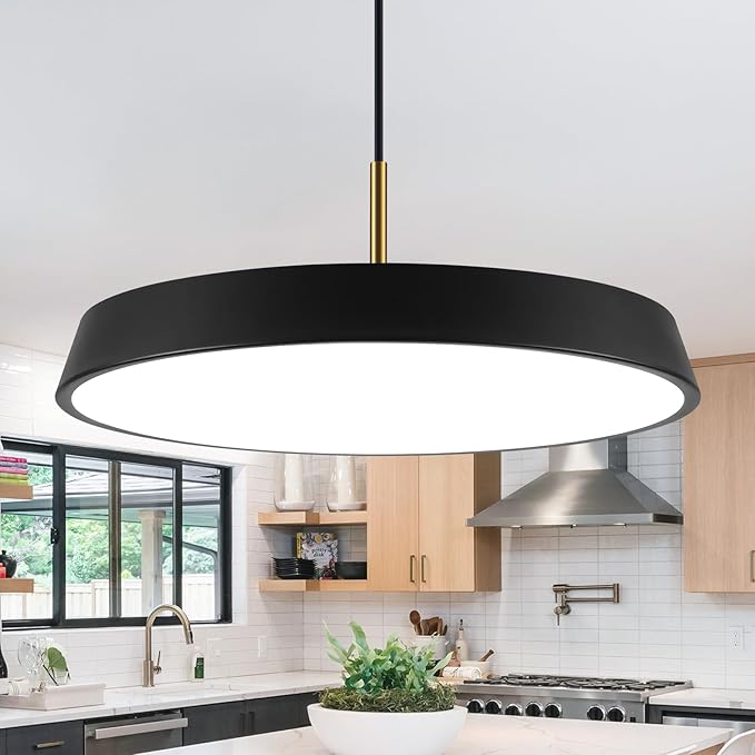 Black Pendant Light Fixtures 16inch,LED Modern Industrial KitchenIsland Hanging Lighting,3 Color Temperature Chandelier Metal Ceiling Light for Bar,Dining Room,Bedroom,Living Room