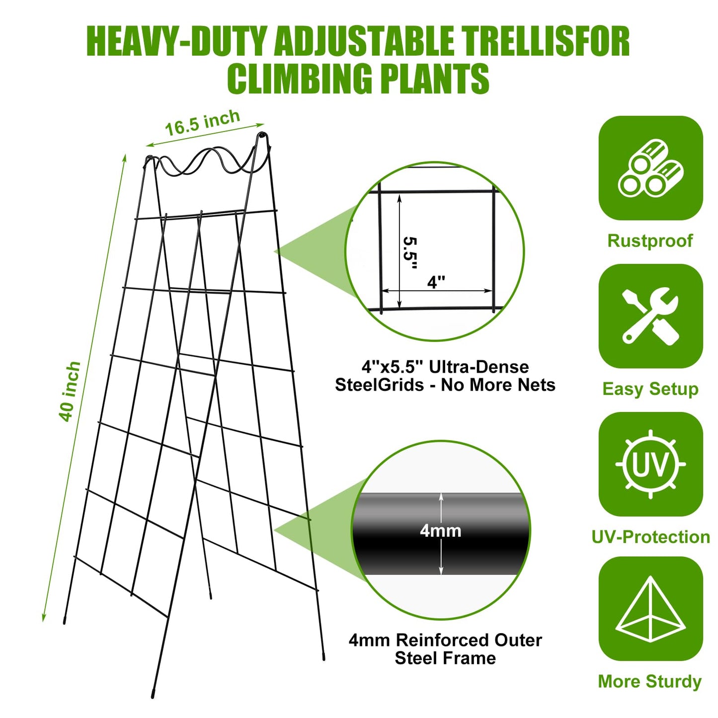 Wesiti 2 Pack A Frame Garden Trellis for Raised Bed, 16.5 x 40 Inch Heavy Duty 5 mm Steel Cucumber Trellis Foldable Climbing Plant Support for Cucumbers Tomatoes Peas Squash Zucchini Vine Vegetables