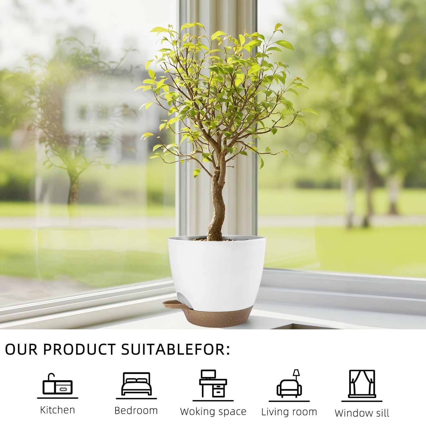 Hylitong Plant Pots 8/7.5/7/6.5/6 Inch Self Watering Pots,5 Pack Planters with Drainage Holes and Saucers,Plastic Flower Pots,Nursery Planters for Indoor Outdoor Plants (White)