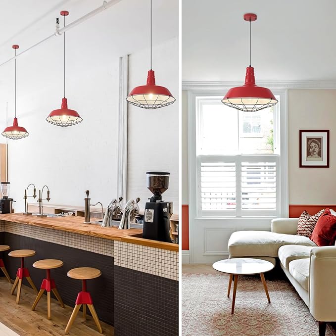 Red Pendant Lights Kitchen Island, 18.1 Inch Large Farmhouse Pendant Light, Oversized Industrial Pendant Light with Wire Cage, Barn Pendant Lights for Kitchen Dining Room (1 Pack)