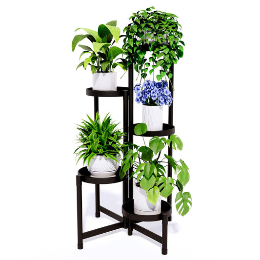 5-Tier Metal Plant Stand Indoor Outdoor - Corner Tall Plant Shelf for Multiple Plants, Foldable Heavy Duty Plant Holder - Decoration flower Stand for House Living Room Balcony Garden Patio - Black