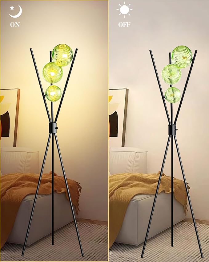 Lightdot Dimmable Black Tripod Floor Lamp, Mid Century Standing Lamps with 3 Globe Green Glass Lampshade& Bulb Included, 3000K Bulbs Included Modern Tall Lamp for Living Room/Sofa Beside/Corner Decor