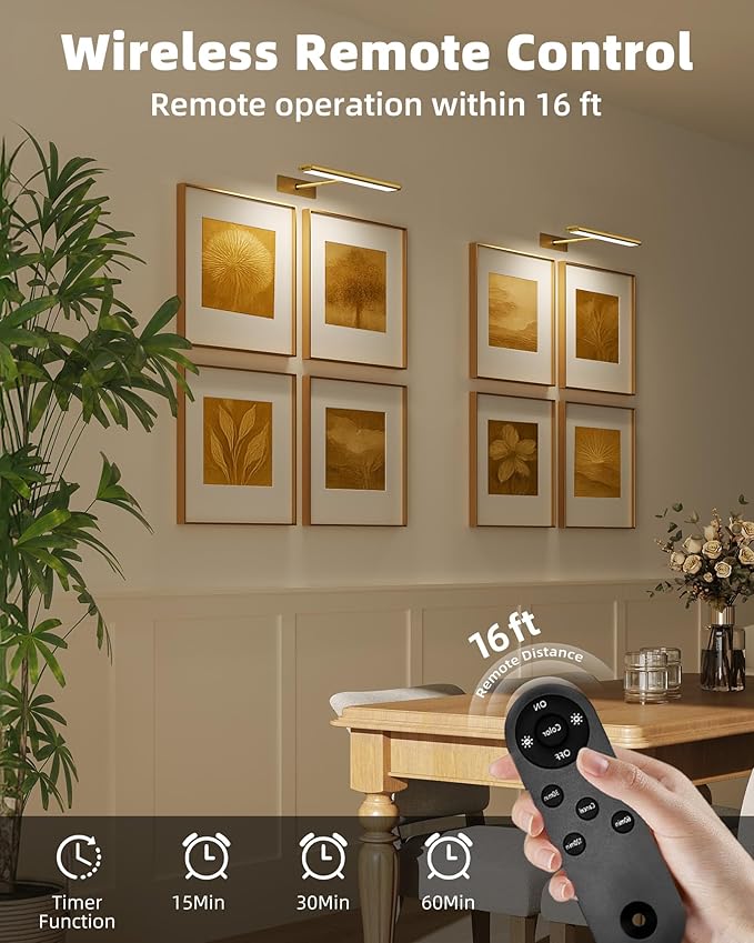 EZVALO Picture Light for Wall, 4800mAh Rechargeable Wireless Remote, 13in Dimmable Magnetic LED Art Display Light with 3 Color Temperatures, for Gallery, Living Room, Bedroom, Hallway (Gold)
