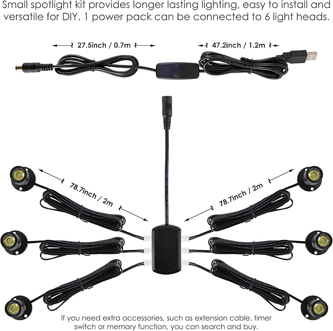 DEDC 6pcs Mini LED Spot Lights, 1W 5V 6000K Under Cabinet Lights, Mini Spotlights for Displays with Dimmer (Cool White-Pushbutton Switches-USB Plug)