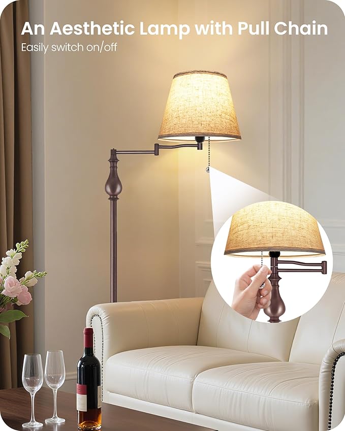Vintage Floor Lamp with 350°Adjustable Swing Arm, 61” Mid-Century Modern Floor Lamp, Standing Pole Lamp with Pull Chain Switch, Antique Reading Lamp for Living Room, Bedroom, Rustic Brown VE13LD05