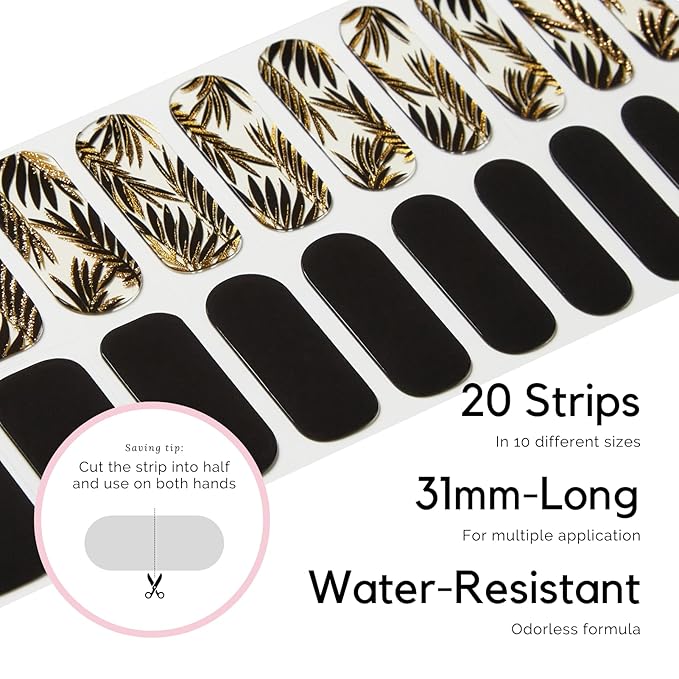 Semi Cured Gel Nail Strips - NAILOG 20 Pcs Gel Nail Stickers | Buy 2 Get 1 UV Light | Extra Long Nail Wraps with Glossy Gel Finishing Black, Golden Leaves