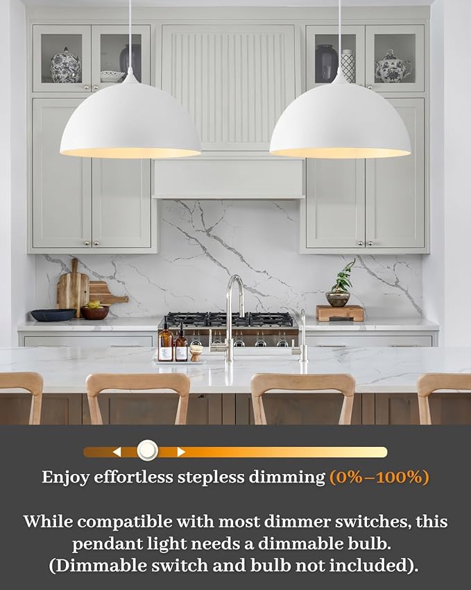 White Pendant Lights Kitchen Island, 16 Inch White Dome Pendant Light, Modern Farmhouse Pendant Light for Kitchen Island, Dining Room, Cafe, Bar, 2 Pack