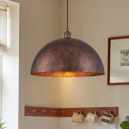 17.7” Industrial Metal Dome Pendant Light, Rust Industrial Pendant Lights for Kitchen Island, Dimmable Hanging Light Fixtures Compatible for Kitchen Island, Dining Room