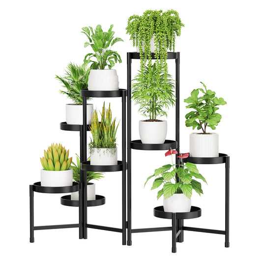 Gledich 9 Tier Metal Plant Stand Indoor Outdoor, Foldable Tall Flower Stand Shelf for Multiple Plants, Tiered Corner Planter Holder Plant Pot Display Rack for Living Room Balcony Garden Patio(Black)