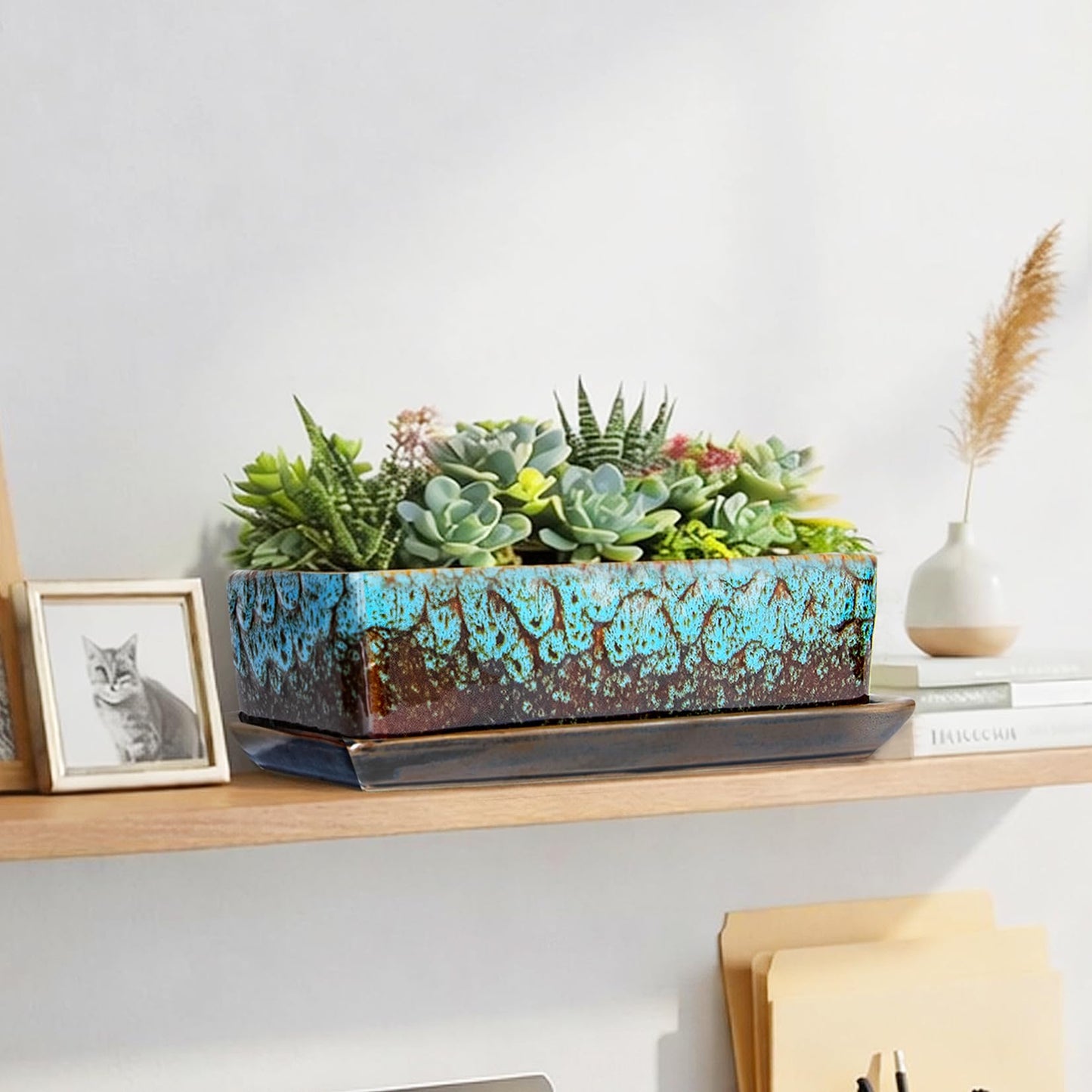 ARTKETTY Succulent Pots - Long Rectangle Succulent Planters with Drainage Tray, Window Sill Planter, Ceramic Pots for Indoor Cactus Plants Shallow Bonsai Window Box for Home Garden Decor