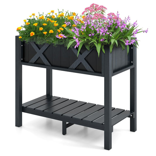 Giantex HIPS Raised Garden Bed, Elevated Planter Box w/Legs, Storage Shelf, Drainage Holes, Weather-Proof Standing Raised Beds for Backyard Balcony Flower Vegetable (Black, 34" x 18" x 29")