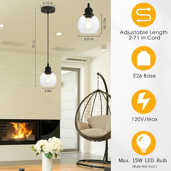 BoostArea Modern Pendant Light Fixtures, Industrial Hanging Ceiling Lamp with Clear Glass Shade, Pendant Lighting for Kitchen Island Living Room Hallway Bedroom Dining Hall Office Bar Farmhouse