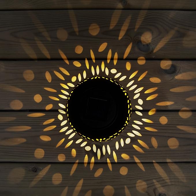 Mothers Day Gifts Solar Table Light Outdoor Waterproof- Solar Powered LED Lantern Hollowed-Out Black Metal Desktop Decorative Lamp for Indoor Desk Bedroom Patio Garden Pathway Yard