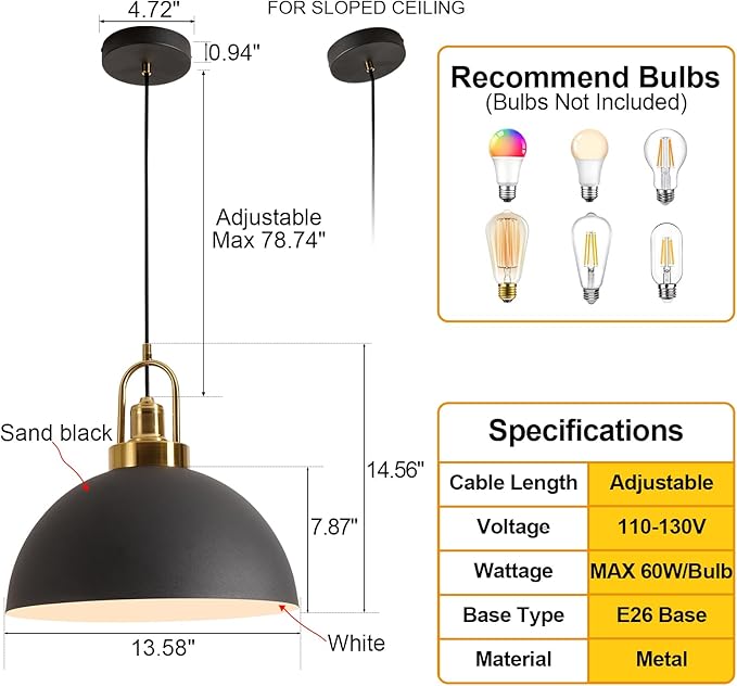 Vintage Industrial Black and White Iron Pendant Light,Hallway - Diameter 13.58 "- Wire Length 78.74",Copper Socket Pendant Light, Suitable for Kitchen Islands,