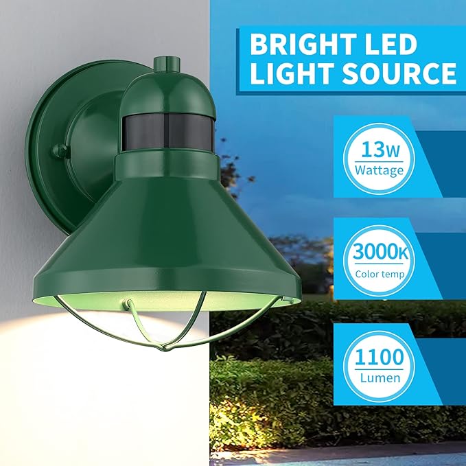 LONEDRUID Motion Sensor LED Outdoor Wall Light Fixtures Dusk to Dawn Exterior Sconce Lighting Green Farmhouse Porch Lamp Waterproof Outside Barn Lights Wall Mount for House Patio Garage Entryway