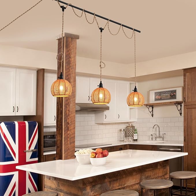 3-Light Hanging Light with Plug in Cord,Plug in Pendant Light 22ft Hemp Rope Pendant Lighting Vintage 3-Light Hanging Lamp Fixtures for Kitchen Island Living Room Bedroom