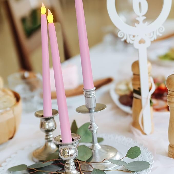 Pink Flameless Taper Candles with Remote, Battery Powered Christmas LED Candlesticks Set of 12