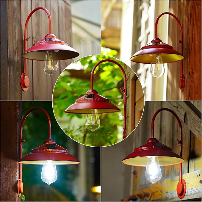 Solar Barn Light - Rustic Outdoor Lights for Patio Yard Garage Chicken Coop Shed & Farmhouse，Waterproof Wireless with Motion Sensor Mode (Red)