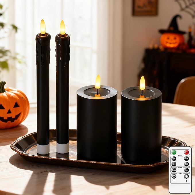 Black Flameless Candles, Battery Operated Candles, Real Wax Black LED Candles, Flickering Remote Control for Home Fall Halloween Decor Party Gifts, Set of 4