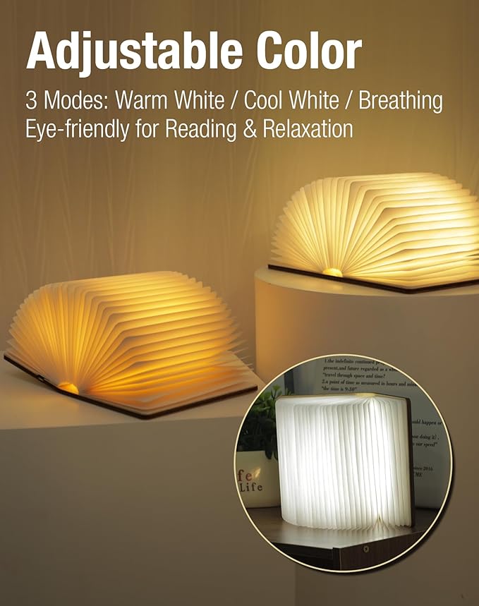 5.7 Inch Wooden Book Lamp - Portable Folding LED Book Light for Reading, Home & Library Decor, Unique Gift for Book Lovers, Magnetic Night Light (Walnut)