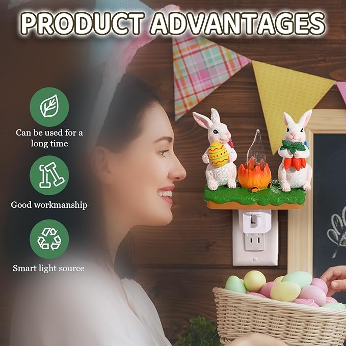 Bunny Campfire Flickering Nightlight, Rabbit Night Light Plug into Wall Easter Night Light with Switch Bunny Decor Easter Home Decorations