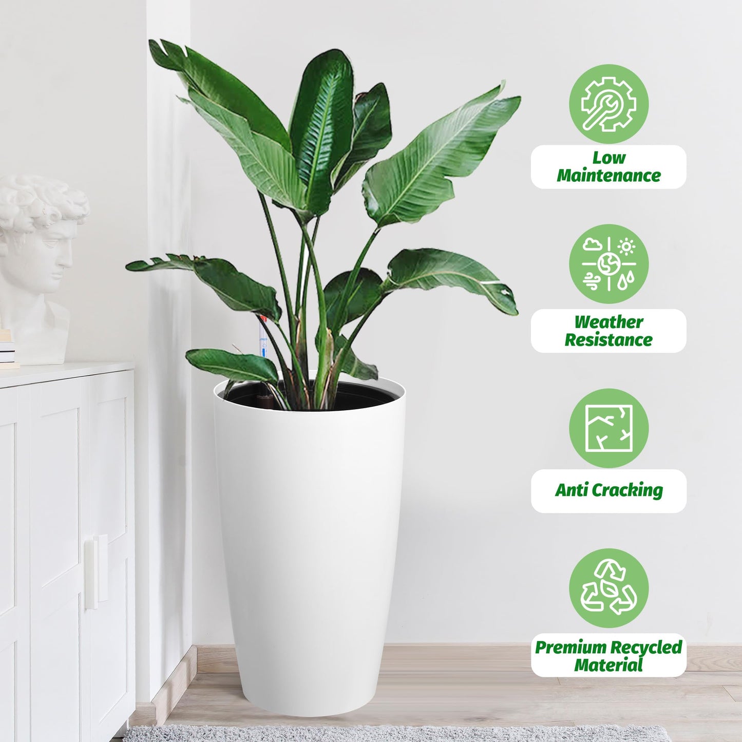 22" Tall Planter Set of 2, Self Watering Pots, Large Planter for Indoor Outdoor Plants, Built-in Drainage and a Water Level Monitor, Tall Planters for Patio, Porch, Living Room, Home Office, White