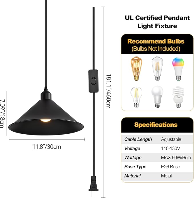 11.8IN Plug in Pendant Light, 2 Pack Industrial Hanging Lamp Black Vintage Pendant Lighting Fixtures with 15ft Cord On/Off Switch for Kitchen Island Dinning Hall, Bedroom