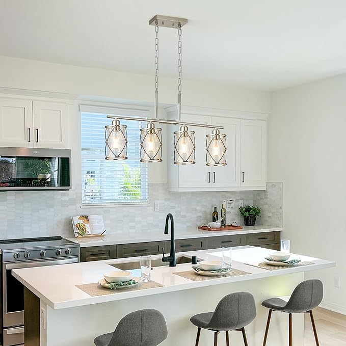 4-Light Kitchen Island Lighting, Modern Brushed Nickel Dining Room Light Fixtures with Clear Glass, Farmhouse Industrial Linear Chandelier Pendant Light with Adjustable Chain, CH9176BN-4IS