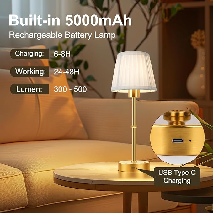 FRIDEKO HOME Rechargeable Table Lamp Gold - Cordless Battery Operated Lamp, Fabric Shade Desk Lamp, Wireless Lamp for Decor Bedroom Dining Table Counter (1pcs-Soft Fabric-Bulb Included-15.7in)