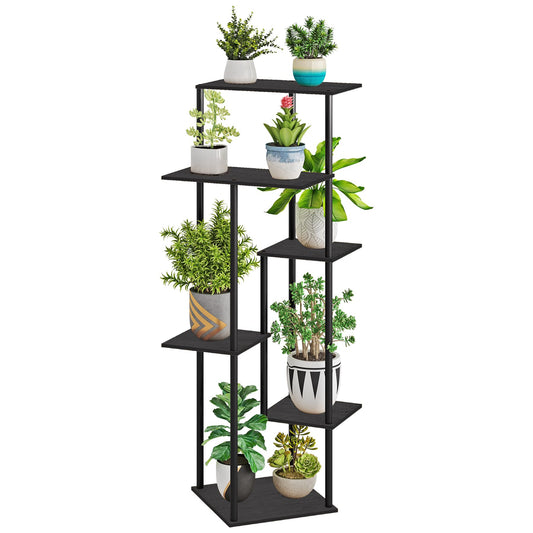 HAYOFAMY 6 Tier Plant Stand Indoor, Tall Plant Shelf Metal Wood Multiple, Flower Pot Holder for Living Room Office Balcony Patio, Black