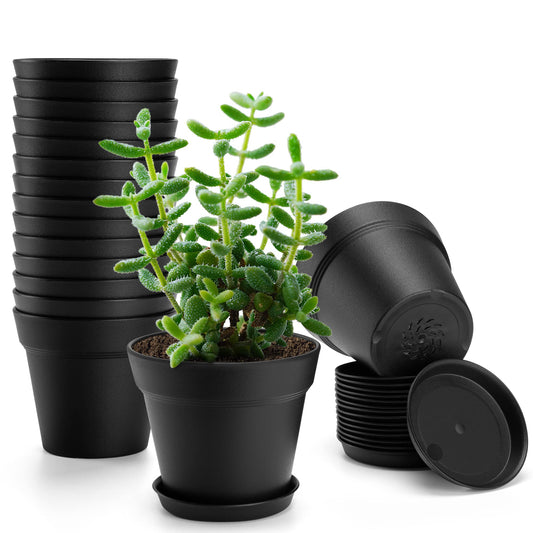 FHWTY 16 Pack Plastic Plant Pots with Drainage Holes and Tray, 4 inch Thickened Indoor Planters Seedlings Nursery Pots for Flowers, African Violet, Succulent and All House Plants, Black