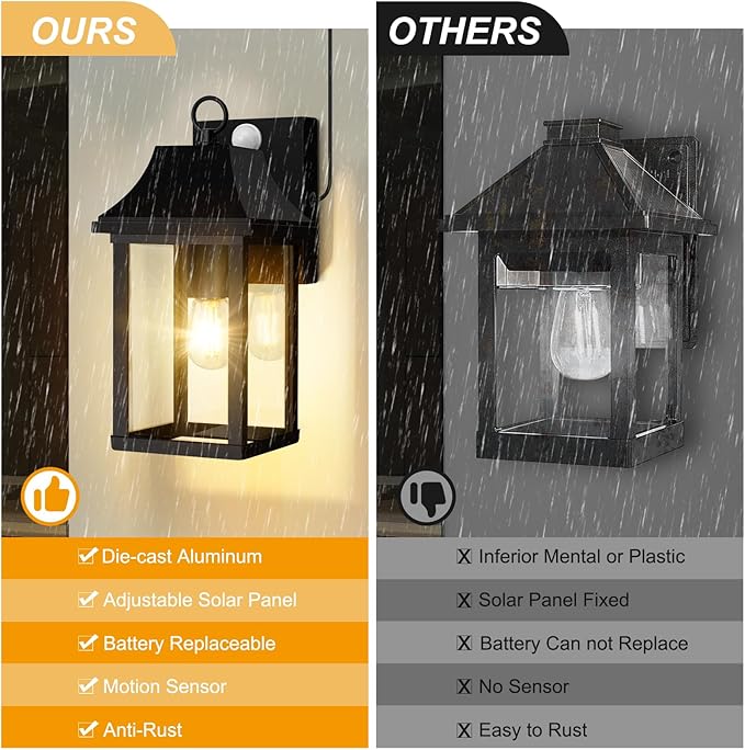 OKELI Porch Lights Outdoor Dusk to Dawn Motion Sensor Solar Wall Lantern Separate Panel & Battery Replaceable Exterior Waterproof Wall Sconce Lighting Lamp (Black A, 1 Pack)