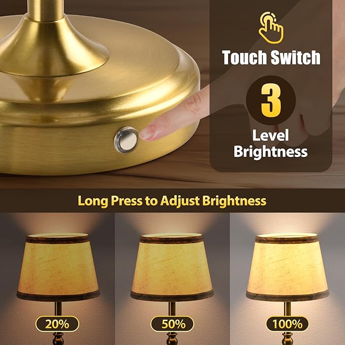 Small Gold Rechargeable Table Lamp,12-14 Inch Tall Vintage Style,Battery Powered Cordless Desk Lamp,Mini Touch Control Bedside Lamp,Warm Light 3000K for Nightstand Bedroom Counter Living Room-1 Pack