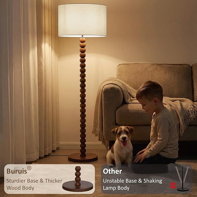 Buruis 61" Beaded Wood Floor Lamp with 17.2" Large Linen Shade, UL Listed, Retro Mid-Century Accent Walnut Finish Standing Lamp for Living Room, Bedroom, Office, Corner, Cream