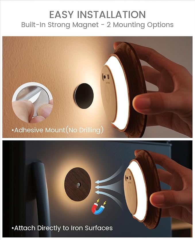 Motion Sensor Night Light Wood Rechargeable Battery Powered Stick-On Step Lights Magnetic Closet Warm Nightlight for Hallway Bedroom Stair, Black Walnut