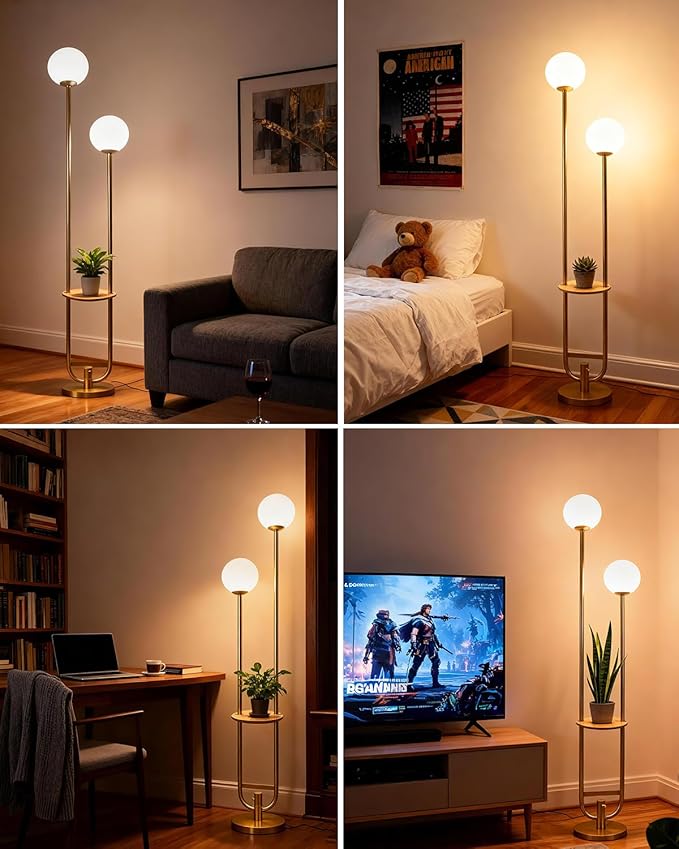 Lightdot 63IN Gold Floor Lamp with Table, 2 Globe Mid Century Standing Lamps with Warm White LED Bulbs, Unique U-Pole Vintage Tall Floor Lamp for Living Room/Wedding/Party/Sofa Beside/Corner Decor