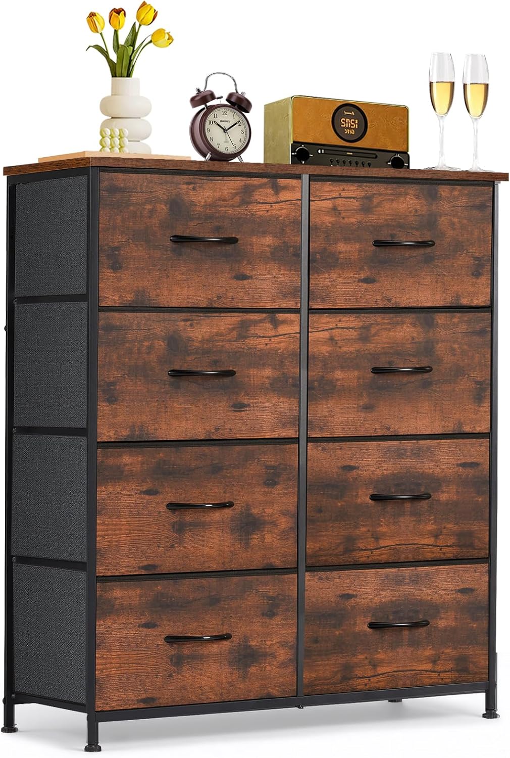 Skiennix 8-Drawer Dresser - Anti-Tip Tall Storage Organizer with Wooden Top & Metal Frame | Brown