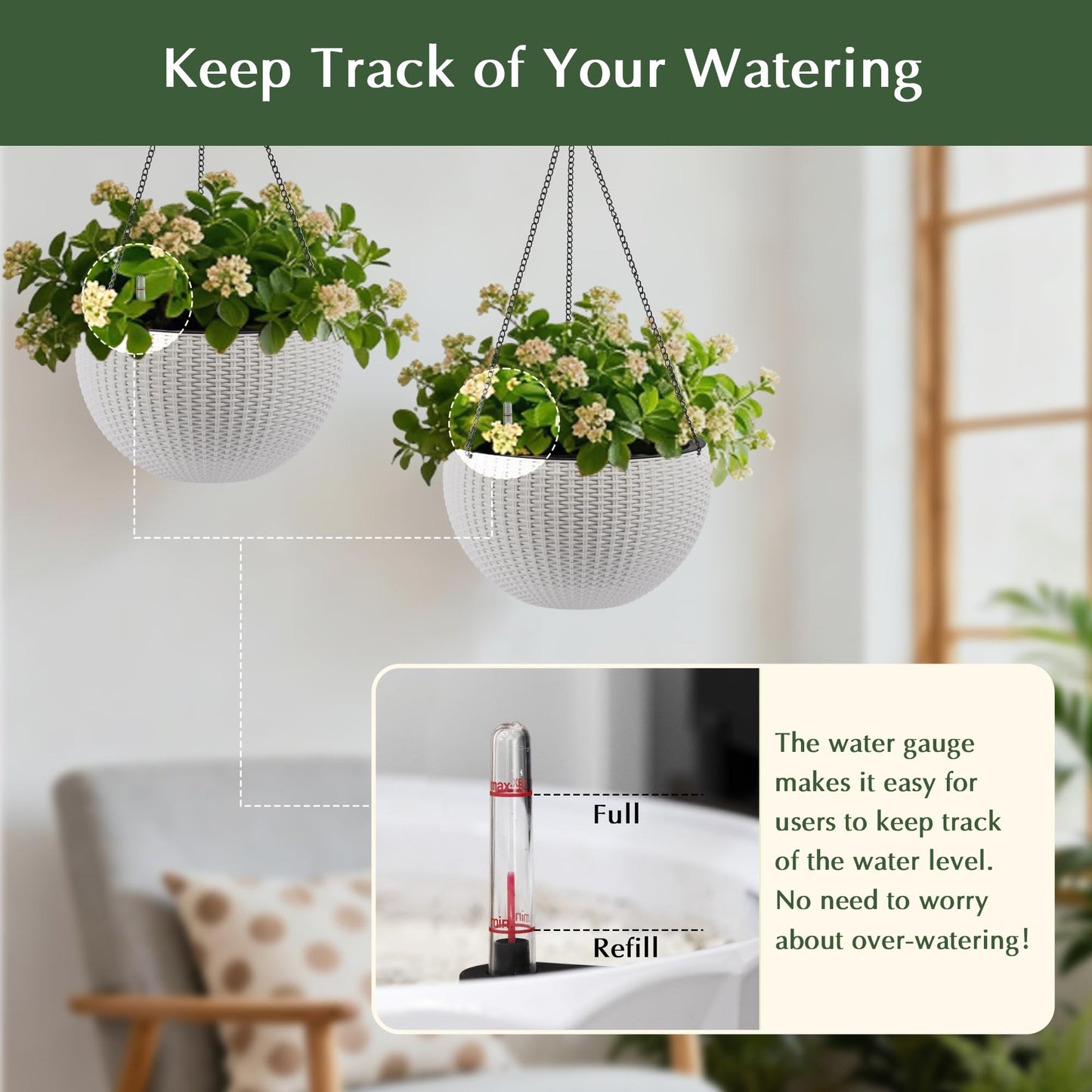 Vigo huseeo 13.5 inch 2Pack Large Hanging Planters for Outdoor/Indoor Plants, Self Watering Hanging Pot with Water Level Indicato, Drainage Holes and Chain for Garden Porch, White